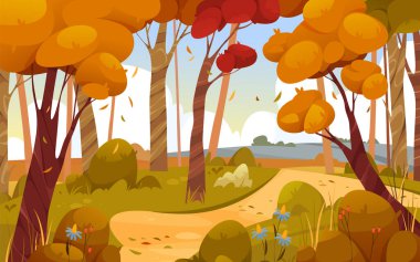 Autumn forest or forest glade, vector banner or background. Golden meadow in the fall, yellowed trees and falling leaves. Natural landscape, woodland view. Autumn season, october weather. clipart