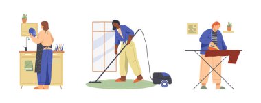 Ev işi ya da ev temizliği, izole vektör klipsleri. Hizmetçi ya da ev hanımı, anne bulaşıkları yıkıyor, süpürge yapıyor, ütü yapıyor. İş ya da görev, günlük rutin işler. Ev temizliği, ev hayatı, ev temizliği..