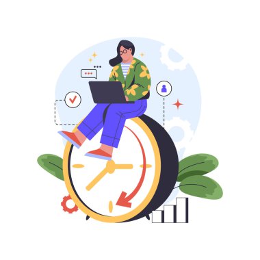 Woman or freelancer works full time. Vector illustration or image. Working day, deadline or overtime job concept. Time management, business, online or remote work, flexible schedule. clipart