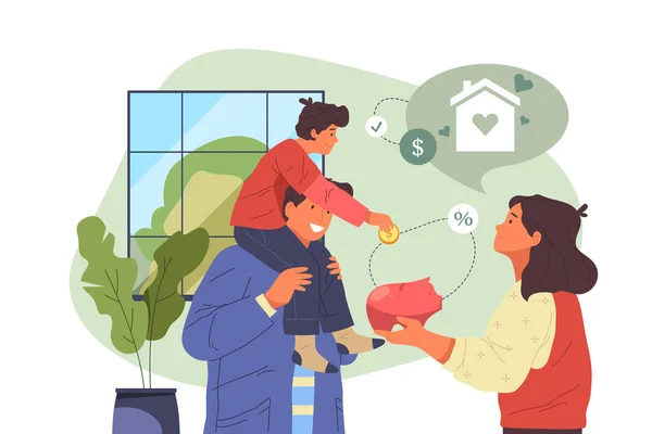 Familie Besparingen Home Budget Vector Banner Achtergrond Ouders Zoon Die — Stockvector