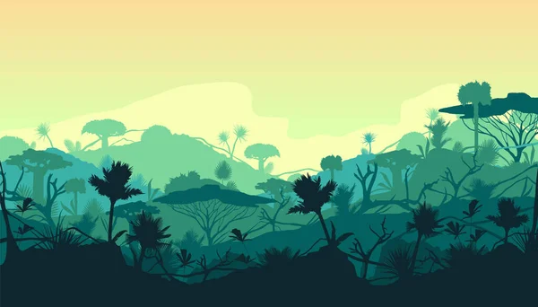 Selva Selva Amazónica Bandera Vectorial Fondo Siluetas Plantación Tropical Ecuatorial — Vector de stock