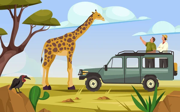 Safari Περιοδεία Τζιπ Σαφάρι Vector Banner Φόντο Αφρικανικό Φυσικό Τοπίο — Διανυσματικό Αρχείο