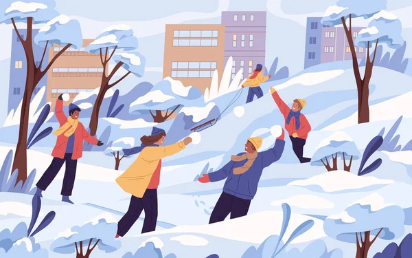 Παιδιά Παίζουν Χιόνι Ρίχνουν Χιονόμπαλες Πανό Διάνυσμα Φόντο Χειμερινό Τοπίο — Διανυσματικό Αρχείο