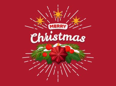 Mutlu Noeller, tebrik mesajı, vektör tebrik kartı ya da afiş. Kırmızı arka plan, doğrusal güneş patlaması, ağaç oyuncağı, guelder gülü ve çam dalı süslemeleri. El yazısıyla dilek, kış tatili selamlaması..