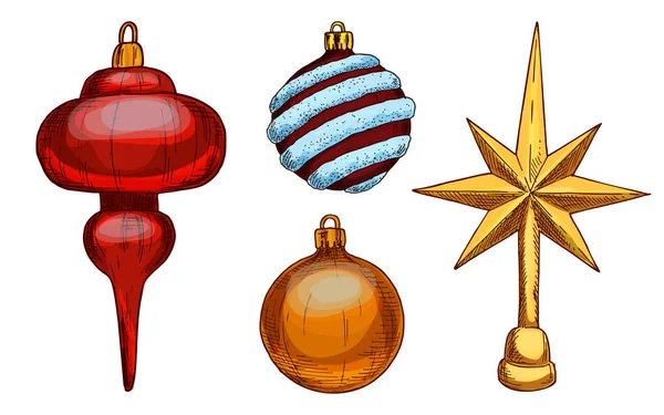 クリスマスの装飾品やベーブル 隔離されたベクトルアイコンやクリップパーツのスケッチセット 手描きリニアデザイン 新年の木のおもちゃや装飾 ガラスのつららやボール モミの木のトップスター — ストックベクタ