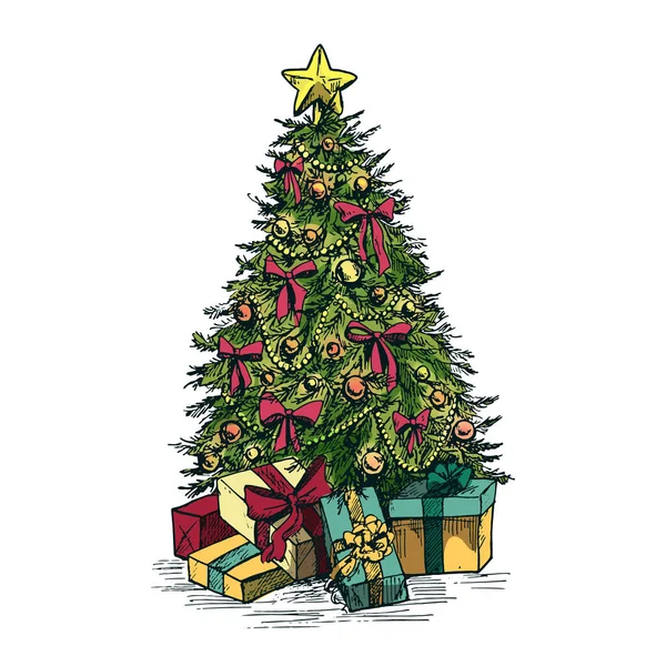 Sketch New Year Christmas Tree Isolated Vector Icon Clipart Spruce — Stock Vector