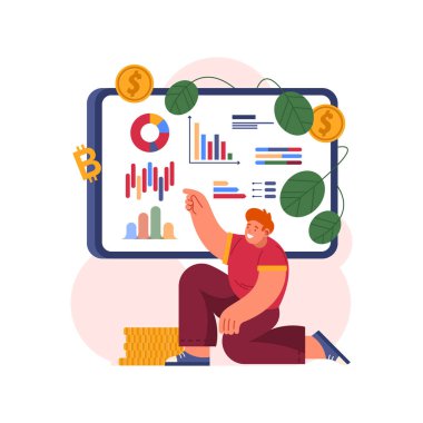 Kripto madenciliği, ticaret, kriptografi temaları. Vektör çizimi. Kripto para birimi ya da kripto para büyümesi. Finans ve yatırım, pazar analizi. Sanal elektronik para.