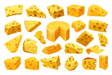 Cheese or curd pieces, vector icons set. Homemade or farm diary product, milky or creamy food. Cheddar, gouda or maasdam slices. Emmental, holland or edam cheese, delicatessen or snack.