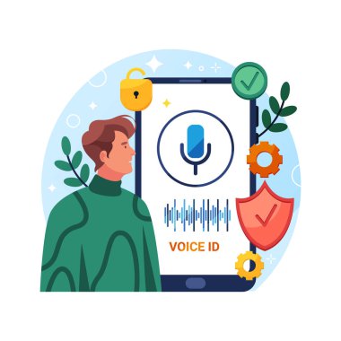 Voice id or speaker recognition, mobile security system. Vector banner or image. Human speech recognizing system, touch scanning. Modern device technology for unlock, verification, authorization and
