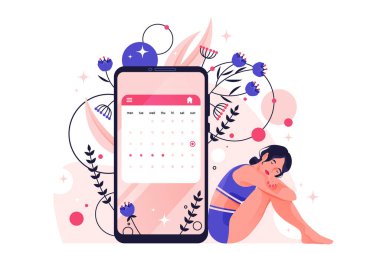 Menstrual cycle or menstruation period. Vector banner or image. Calendar dates in mobile app. Premenstrual syndrome or period pain symptom. Woman reproductive system. Gynecology theme. clipart