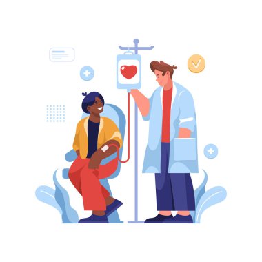 Blood donation for transfusion. Vector image with red cell donor. Plasma banking volunteer poster. Hemophilia treatment for life saving. Medicine and laboratory, medical clinic or hospital theme