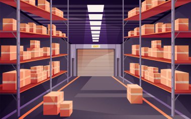 Warehouse vector clipart. Logistic hub with box image. Indoor view on stockroom. Commercial shipping and distribution center. Hangar with cardboard. Storehouse from inside. Interior, transportation