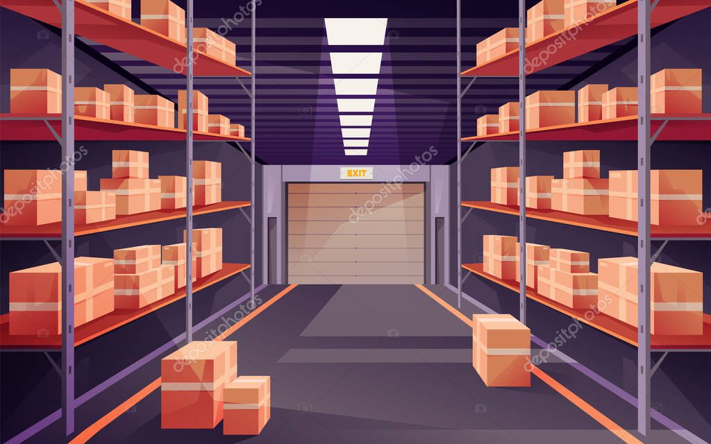 Warehouse vector clipart. Logistic hub with box image. Indoor view on stockroom. Commercial shipping and distribution center. Hangar with cardboard. Storehouse from inside. Interior, transportation