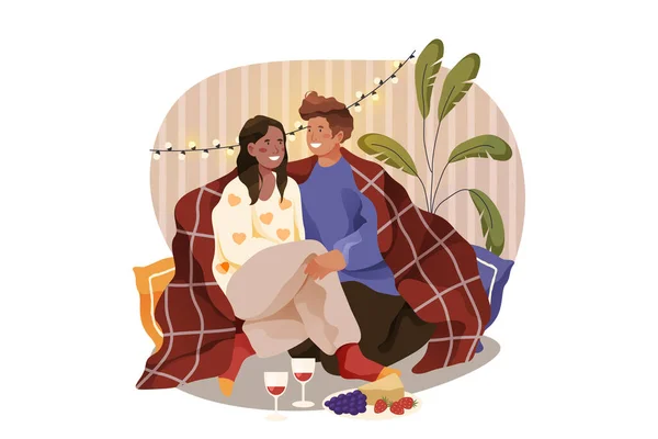 Romantic Home Couple Date Vector Banner Image Lovers Girlfriend Boyfriend — Archivo Imágenes Vectoriales