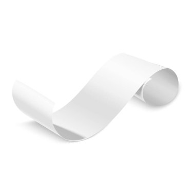 Empty paper page or check closeup. Vector mockup of blank parchment. Bend spreadsheet template. Single literature document. Plain space for writing letter. Isolated wavy memo. Paperwork, education