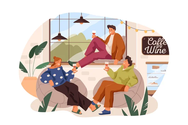 Recreation zone at cafe. Relaxing area at winery. Vector illustration of people drinking at lunch. Friends at dinner clipart. Man and woman with wine or coffee. Relax at cafeteria or bar. Leisure.