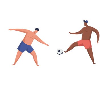 Plaj futbolu oynayan çizgi film karakterinin vektör görüntüsü. Yaz futbolu illüstrasyonu. Açık hava aktiviteleri ve erkeklerin boş vakitleri. Spor ve sağlık egzersizleri. Beyzbol oyuncusu posteri. Yaz ve tatil teması.