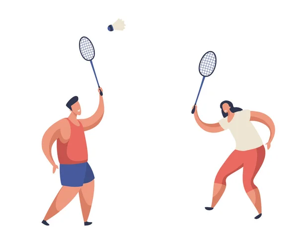 卡通人物打羽毛球 病媒是男人和女人玩羽毛球游戏的一部分 人们用球拍和小鸟做运动 休闲和户外业余爱好 机架游戏主题 — 图库矢量图片