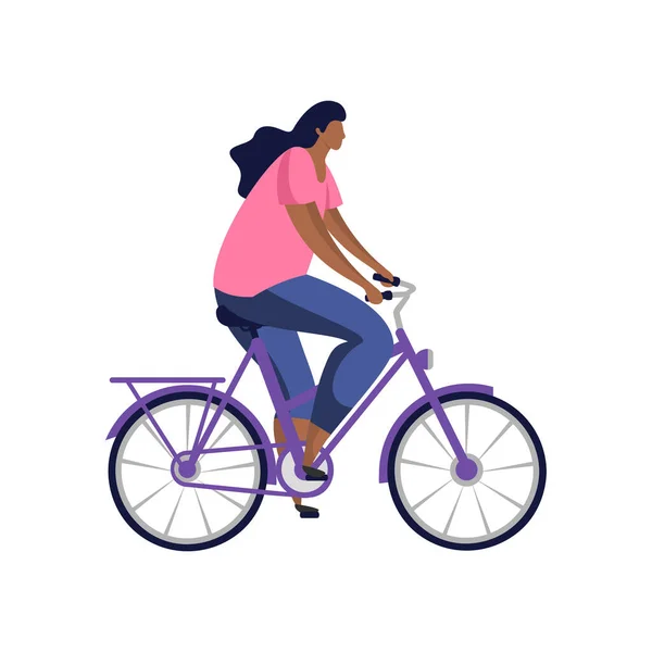 Bisiklet Süren Kadının Düz Vektör Görüntüsü Dişi Binici Tırnağı Bisikletçi — Stok Vektör