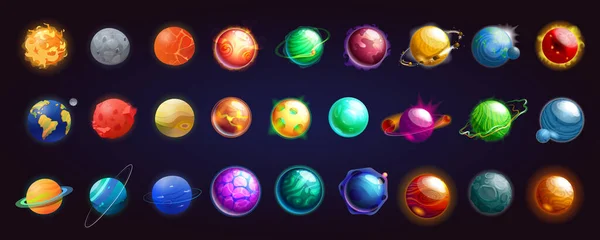 Set Von Vektorsymbolen Von Planeten Und Kosmischen Sternen Isolierter Cartoon — Stockvektor