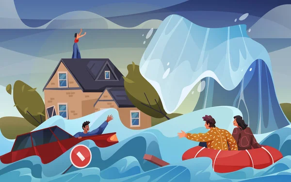 Tsunami disaster, vector illustration or image. Landscape of natural catastrophe, flood or hurricane. Cyclone or weather phenomenon. Houses destruction or damage. Hight sea or ocean waves.