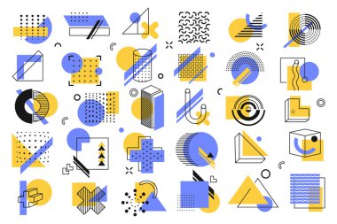 Soyut vektör geometrik şekiller kümesi izole edildi. Sanat dokusu sembolleri. Üçgen ve çapraz, daire ve çizgi ilkel elementler koleksiyonu. Çağdaş tasarım elemanları. Düz kalıp şablon tasarımı