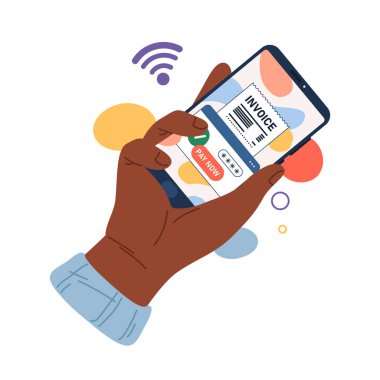 Vector düz akıllı telefon ödeme uygulaması ekranı. Fatura ya da fatura uygulaması olan dokunmatik ekran. Ödeme servisi telefonda. Vergi ödemek veya mobil bankacılık, internet para transferi tabelası. Bankacılık ve internet cüzdan teması