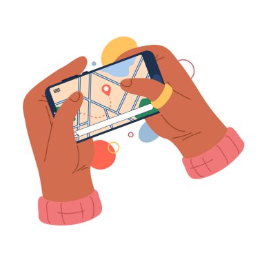 Akıllı telefon uygulamasında GPS şifreli harita. Navigasyon için cep telefonu uygulamasının vektör görüntüsü. Sokak işaretli düz bir yol haritası. Noktalı ve yönlü ekran. Navigasyon arayüzü. Teslimat rotası