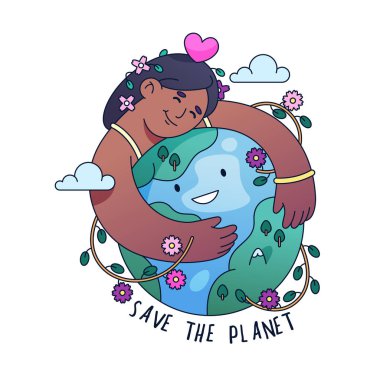 Dünya bakımı ve günlük vektör çizimi. Karikatür kadını sarılma küresiyle imzala. Yenilenebilir enerji ve ekoloji için poster tasarımı. Çevreye değer veren, gelecekteki hayat posteri. Biyolojik geri dönüşüm. Çevre