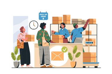 Vektör düz postane iç mekan çizimi. Paket işçilerinin faaliyet belgesini imzalayın. Müşteriyle tezgahta duran kişi. Postacı ve teslimat servisi. Kurye resepsiyonu. Nakliye mağazası. Sevkiyat