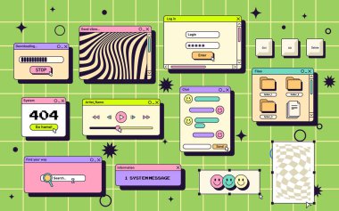 Arka planda vektör ui ekranı veya gui penceresi. Bilgisayar için klasik elementler kümesi. Masaüstü arayüzü için düğmeleri olan 90 'lar ya da 80' ler çerçeveleri. Eski biçimdeki iletişim kutusunun koleksiyonu.