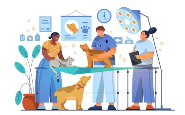 Veteriner ya da veteriner kliniği çizimi. Hayvan bakımı için vektör işareti. Kedi ve köpek için veteriner ziyareti. Evcil hayvanlar için tıbbi kontrol. Danışmanlık ya da aşı, evcil hayvanlar için teşhis. Klinik ziyareti