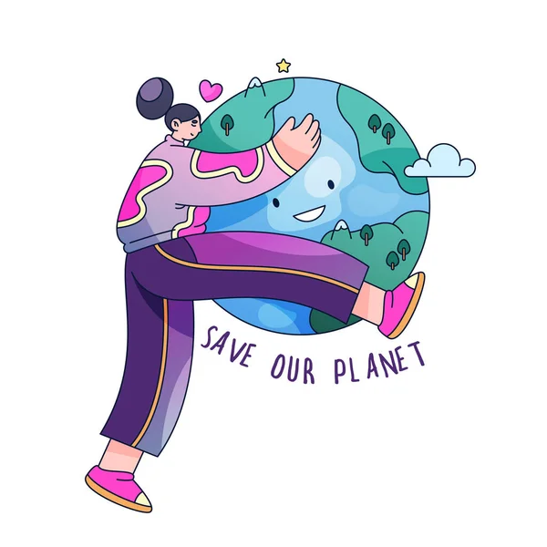 環境地球の日ベクトル図 女性の巨大な地球と生態系やエコ惑星のポスター リサイクルと再生可能エネルギーの装飾 環境や生物のテーマのためのフラットシンボル — ストックベクタ