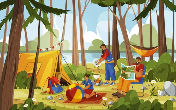 Семейный Пикник Отдых Лесу Лесу Векторный Мультяшный Знак Людей Отдыхающих — стоковый вектор