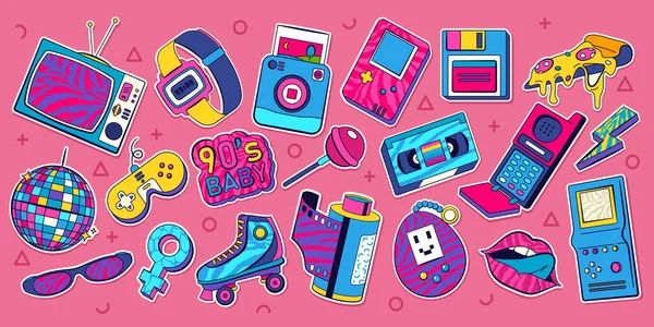 stock vector Retro set of icons of 90s. Pop art sticker collection for 1990 born baby. Badge for hipsters with disco ball and sunglasses, boombox and roller, cassette. Vintage isolated element. Old cartoon design