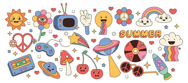 divertido conjunto de emoji de espaço retrô groovy. adesivos