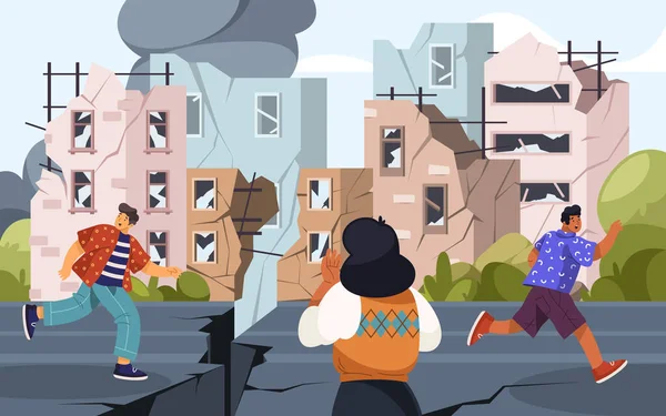 Εικονογράφηση Διάνυσμα Των Ανθρώπων Τρέχουν Από Σεισμό Επίπεδο Σημάδι Σεισμού Διάνυσμα Αρχείου