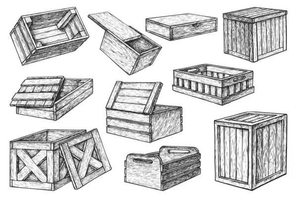 一套隔离的打开和关闭的木箱 木箱或手绘抽屉的素描 航运和运输的现实因素 用于货物储存的孤立物体 集装箱和包裹 — 图库矢量图片