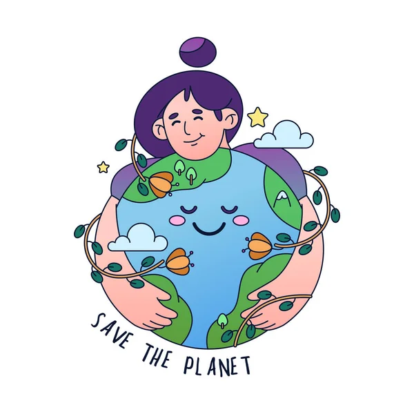 여자가 지구를 껴안고 지구의 생태학적 별자리 자연적 유기적 포스터 생태계의 — 스톡 벡터