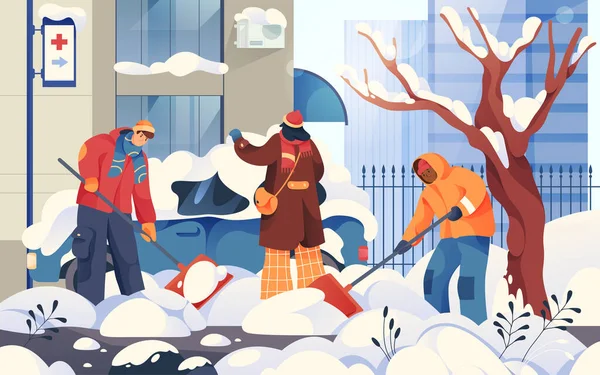 Vektorillustration Von Menschen Die Schnee Reinigen Cartoon Figuren Bei Schneefall — Stockvektor
