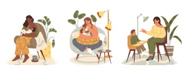 İzole edilmiş anne, bebeği ya da bebeği besliyor. Kaşık yemi, şişe beslenmesi ve anne sütü. Anneyi ve bebeği emziren çocuk kahvaltısı. Küçük çocuk beslenmesi. Çocuk yemeği. Ebeveynlik teması.