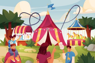 Sirk çadırı, atlı karınca ve lunaparkı olan bir karikatür parkı. Cazibe ve afiş girişinde açık hava manzarası, eğlence çadırları. Aile tatili ve karnavalda eğlence. Oyun parkı.