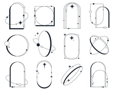 Arkaplan sınırı için vektör doğrusal çerçeveleri veya estetik çizgi elemanları kümesi. Çerçeve yıldızlı, oval ve yuvarlak, dikdörtgen ve kemer şeklinde parıldıyor. Minimalist dekoratif tasarım. Sanat arkaplanı