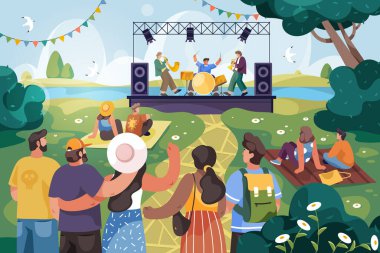 Vector open air live concert at music festival. Illustration of rock or pop band on stage and outdoor crowd. Scene with musical group and fans. Open-air sound check, performance show. Public scene clipart