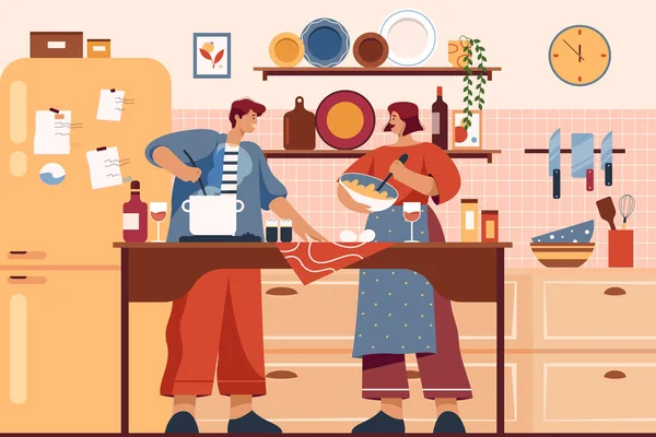 Vektor Gambar Keluarga Rumah Memasak Ilustrasi Dapur Dengan Pria Dan - Stok Vektor