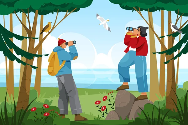 Ornitologis Alam Mengamati Gambar Vektor Burung Tanda Tanda Birdwatcher Dengan - Stok Vektor