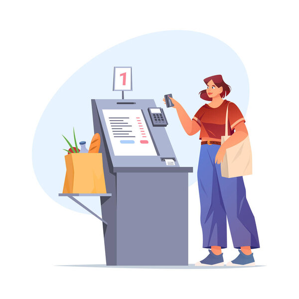 Vector self service terminal at food store. Flat cartoon image of checkout cashier at grocery store. Kiosk for supply payment at supermarket or shop. Scanner at counter for product purchase.