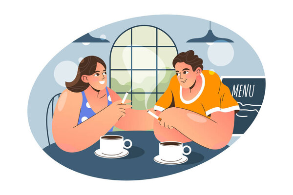 Люди вместе курят и пьют кофе в кафе. Векторный плоский мужчина и женщина курят в столовой. Курильщики разговаривают в ресторане. Персонаж в баре с сигаретой. Никотиновая и табачная зависимость