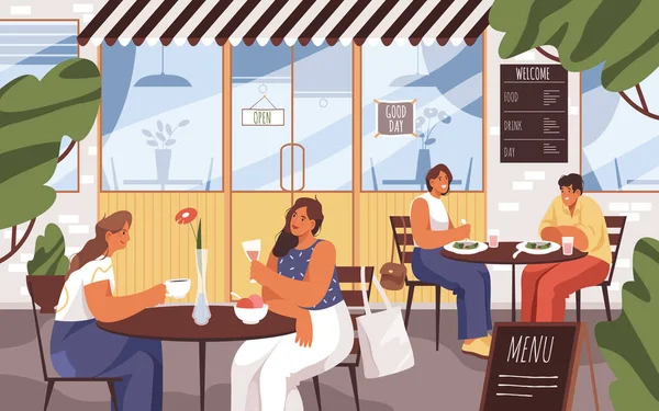 Άνθρωποι Στην Βεράντα Του Καφέ Έξω Από Εστιατόριο Διάνυσμα Επίπεδη Εικονογράφηση Αρχείου