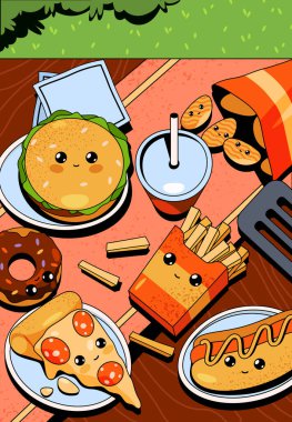 Hızlı ya da abur cubur, gülen yiyecekler, arka planda pop sanatları. Yemek ya da menü için 80 'lerin modası geçmiş komedi ve funky tarzında arka plan. Gurme ve sağlıksız beslenme örnekleri. Masa üstü görünümü. Aşçı